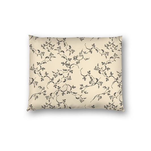 Beige Cotton Sateen Pillow Sham, Black Hand-painted Vine Print, White Reverse Side, Standard - 20 x 26 inches