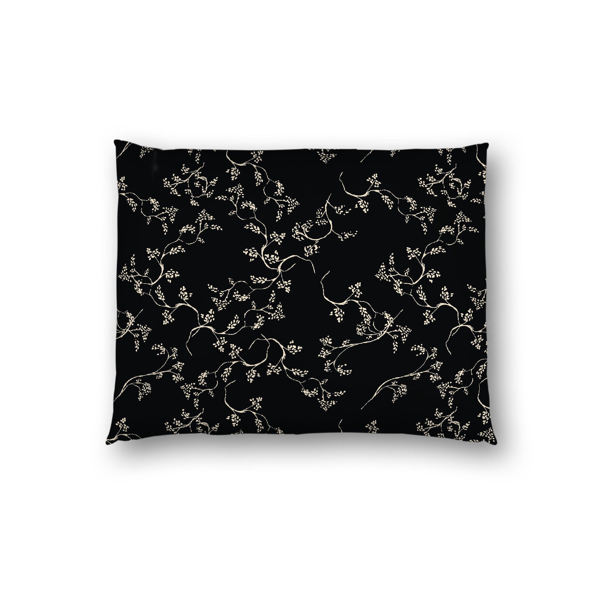 Black Cotton Sateen Pillow Sham, Beige Vine Print on Front, White Reverse Side, Standard - 20 x 26 inches