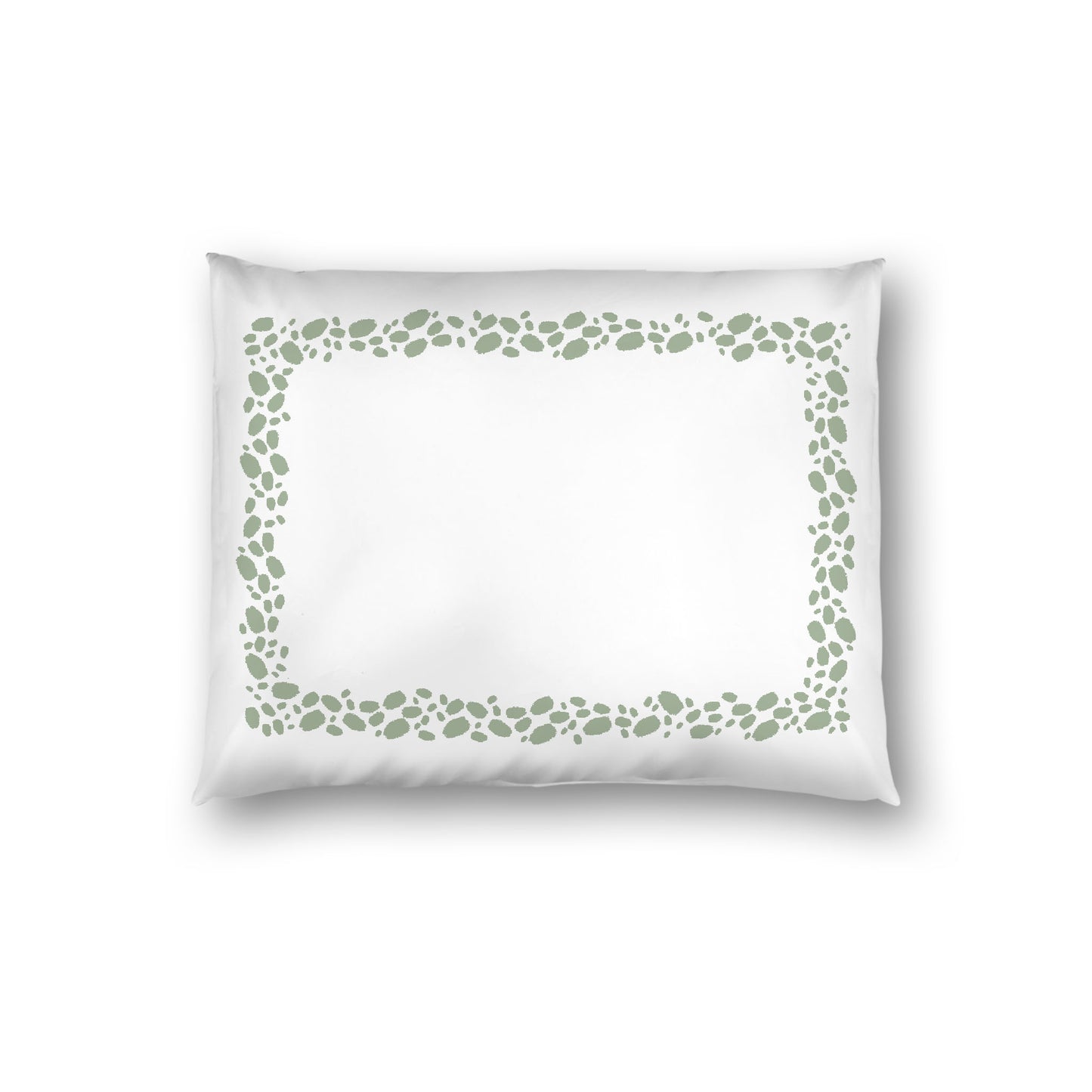 Off-white Cotton Sateen Pillow Sham, Green Hand-painted Dab Motif Print, Classic Border, White Reverse Side, Standard - 20 x 26 inches