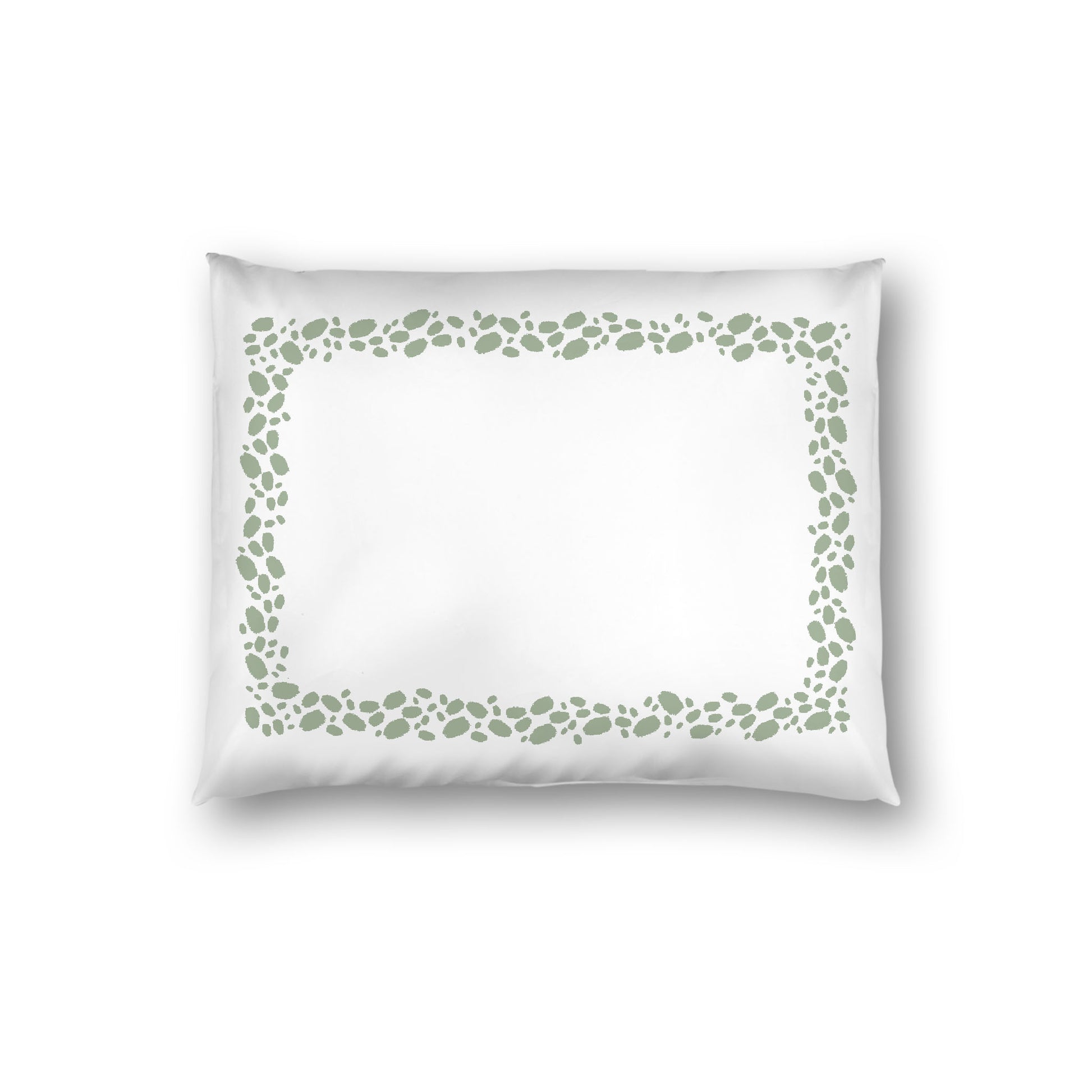 Off-white Cotton Sateen Pillow Sham, Green Hand-painted Dab Motif Print, Classic Border, White Reverse Side, Standard - 20 x 26 inches