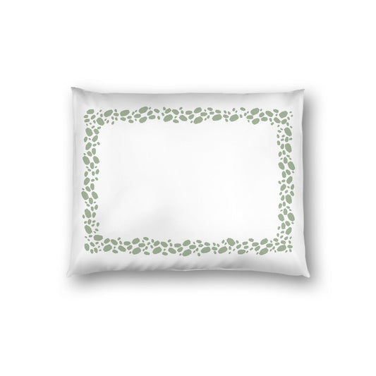 Off-white Cotton Sateen Pillow Sham, Green Hand-painted Dab Motif Print, Classic Border, White Reverse Side, Standard - 20 x 26 inches