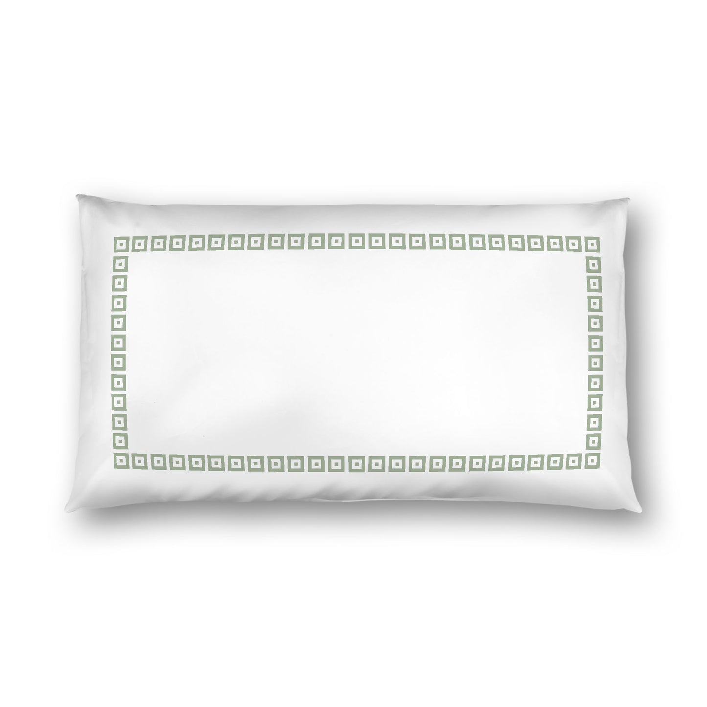 Off-white Cotton Sateen Pillow Sham, Green Repeating Square Motif Print, Classic Border, White Reverse Side, King - 20 x 36 inches