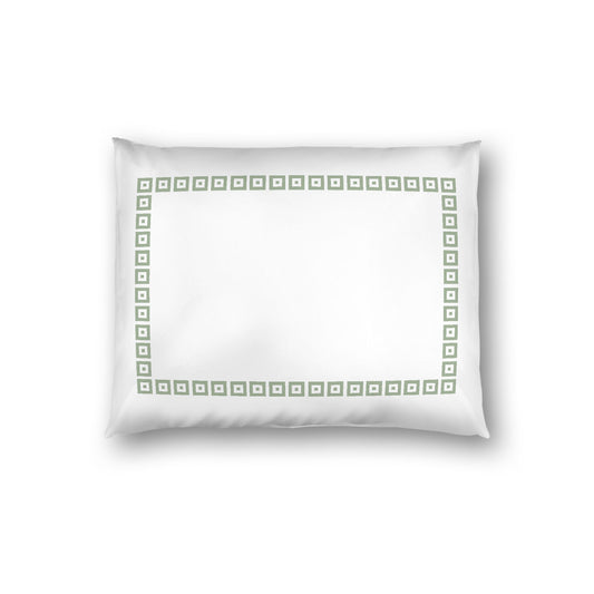 Off-white Cotton Sateen Pillow Sham, Green Repeating Square Motif Print, Classic Border, White Reverse Side, Standard - 20 x 26 inches