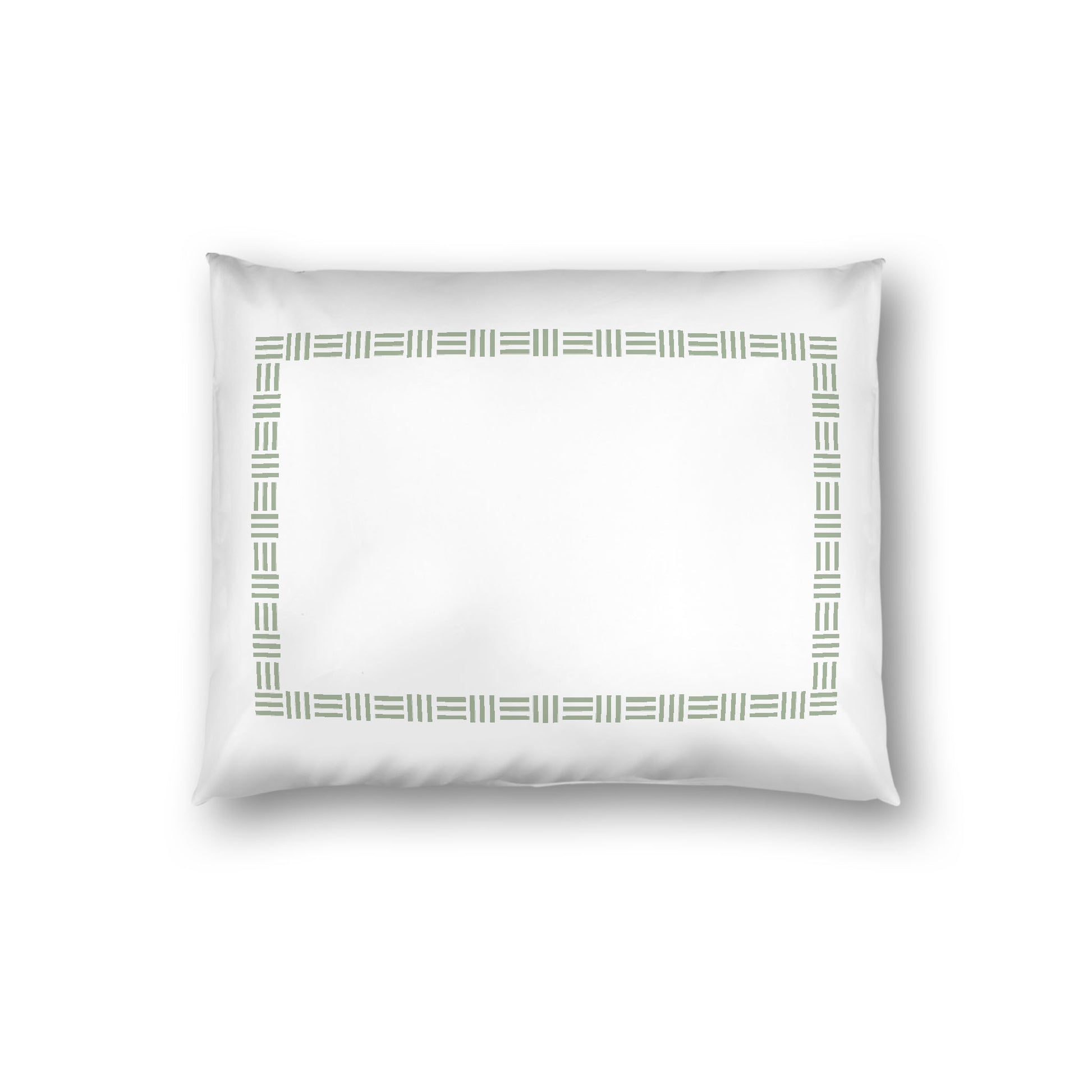 Off-white Cotton Sateen Pillow Sham, Green Single Weave Motif Print, Classic Border, White Reverse Side, Standard - 20 x 26 inches