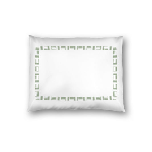 Off-white Cotton Sateen Pillow Sham, Green Single Weave Motif Print, Classic Border, White Reverse Side, Standard - 20 x 26 inches