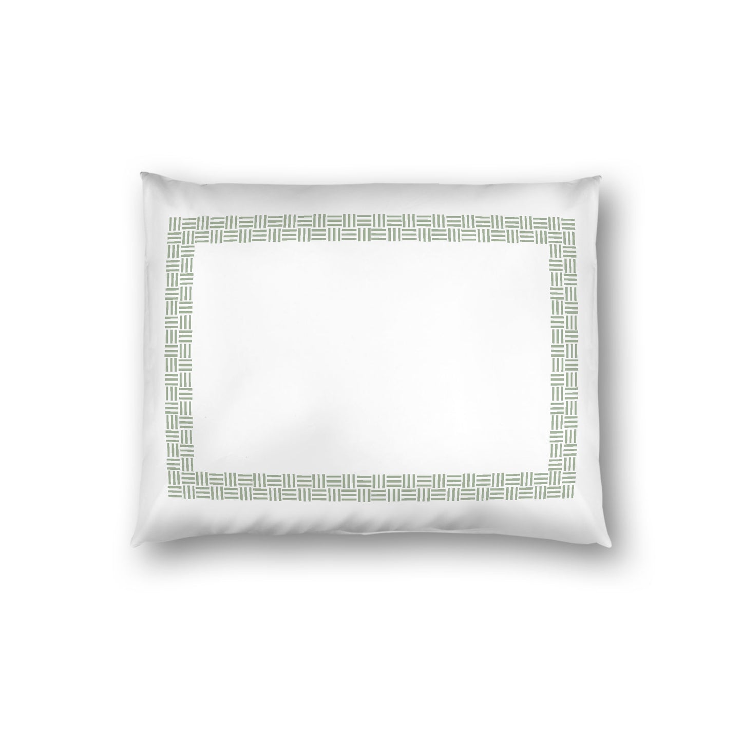 Off-white Cotton Sateen Pillow Sham, Green Double Weave Motif Print, Classic Border, White Reverse Side, Standard - 20 x 26 inches