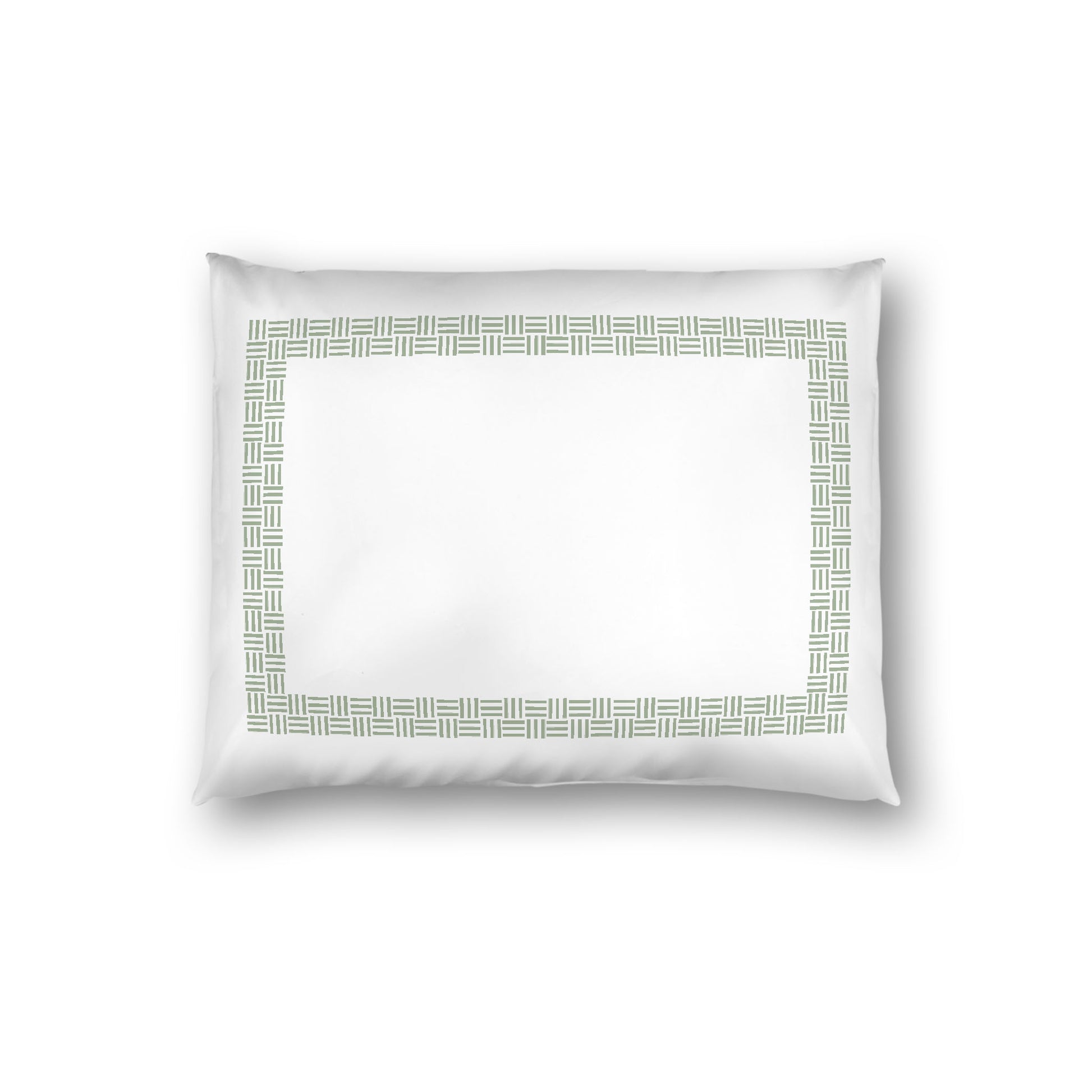 Off-white Cotton Sateen Pillow Sham, Green Double Weave Motif Print, Classic Border, White Reverse Side, Standard - 20 x 26 inches