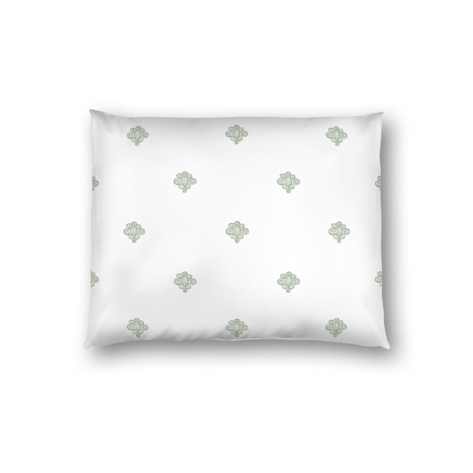 Off-white Cotton Sateen Pillow Sham, Green Hand-painted Swizzle Motif Print, White Reverse Side, Standard - 20 x 26 inches