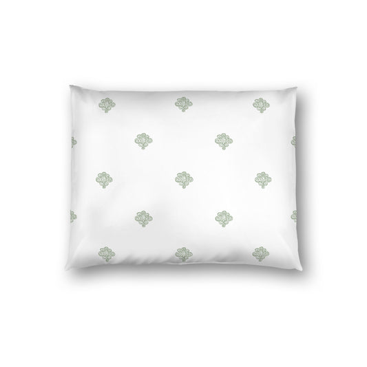 Off-white Cotton Sateen Pillow Sham, Green Hand-painted Swizzle Motif Print, White Reverse Side, Standard - 20 x 26 inches