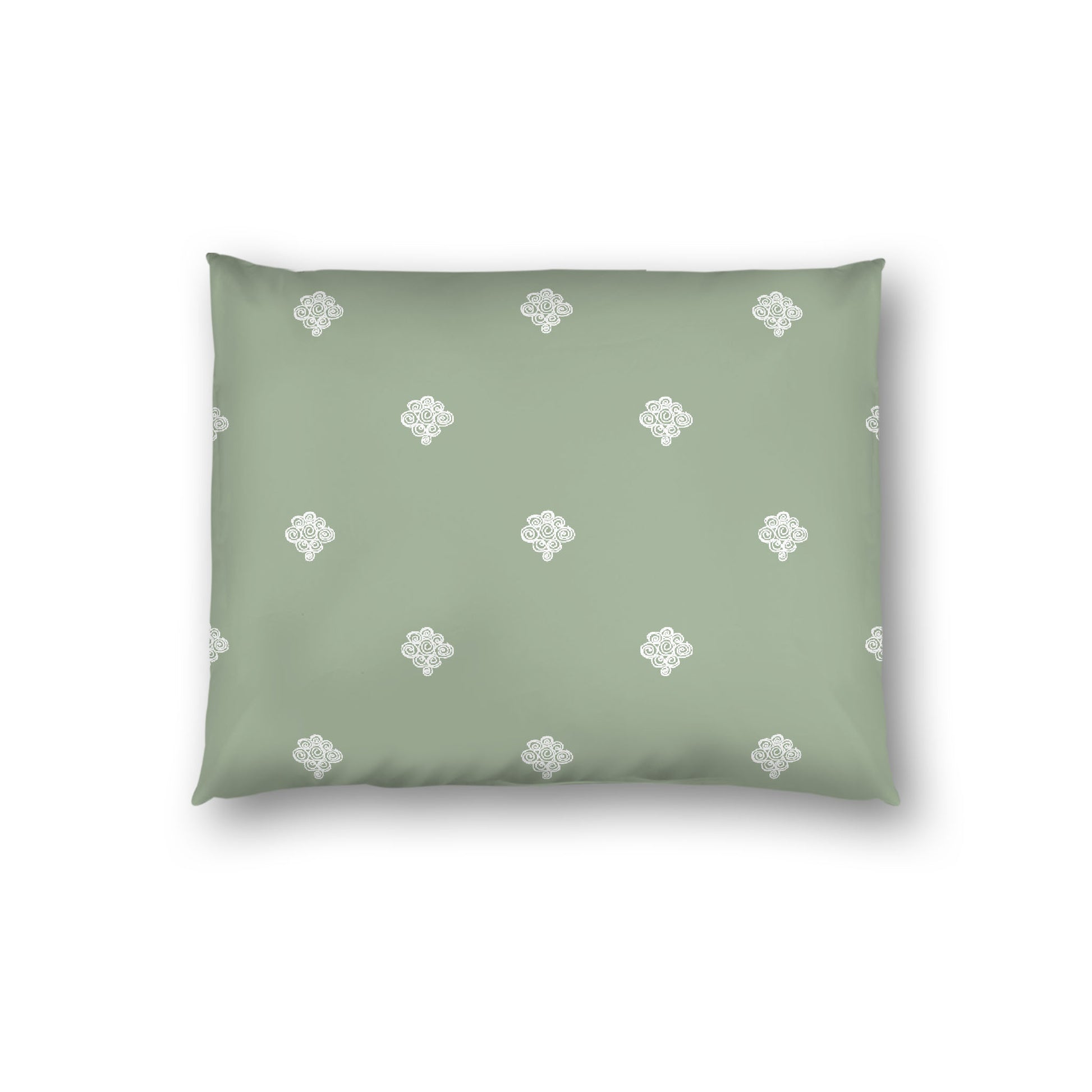 Green Cotton Sateen Pillow Sham, Off-white Hand-painted Swizzle Motif Print, White Reverse Side, Standard - 20 x 26 inches