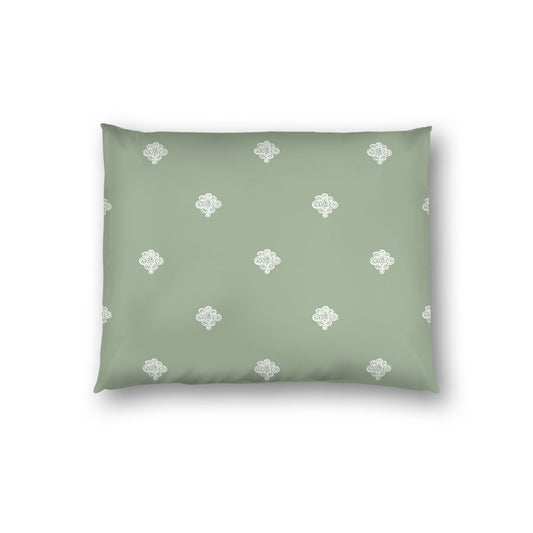 Green Cotton Sateen Pillow Sham, Off-white Hand-painted Swizzle Motif Print, White Reverse Side, Standard - 20 x 26 inches