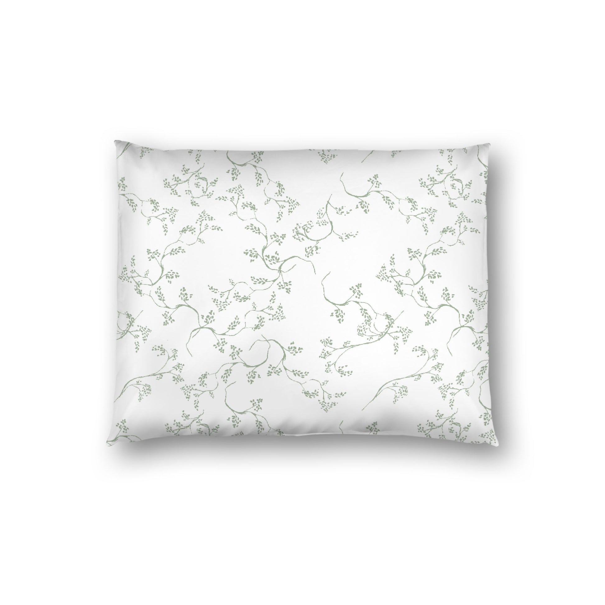 Off-white Cotton Sateen Pillow Sham, Green Hand-painted Vine Print, White Reverse Side, Standard - 20 x 26 inches
