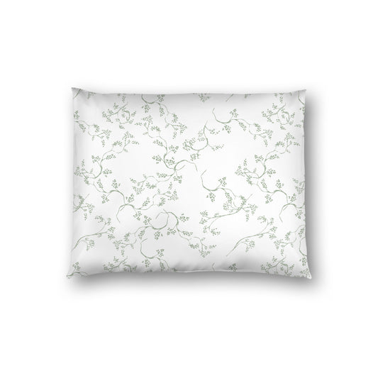 Off-white Cotton Sateen Pillow Sham, Green Hand-painted Vine Print, White Reverse Side, Standard - 20 x 26 inches