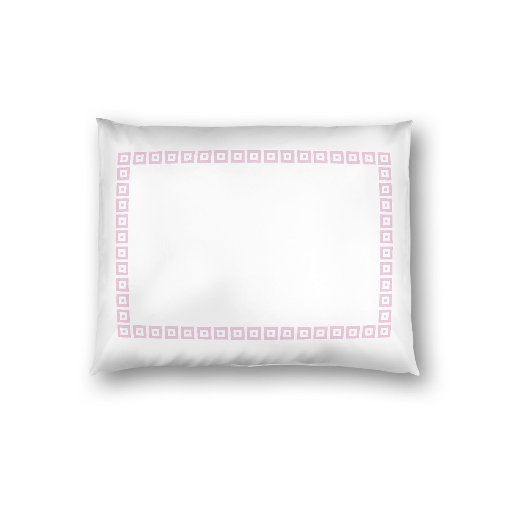 Off-white Cotton Sateen Pillow Sham, Pink Repeating Square Motif Print, Classic Border, White Reverse Side, Standard - 20 x 26 inches