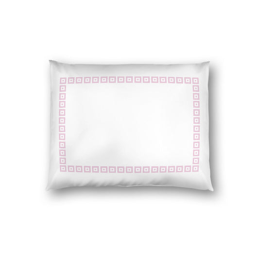 Off-white Cotton Sateen Pillow Sham, Pink Repeating Square Motif Print, Classic Border, White Reverse Side, Standard - 20 x 26 inches