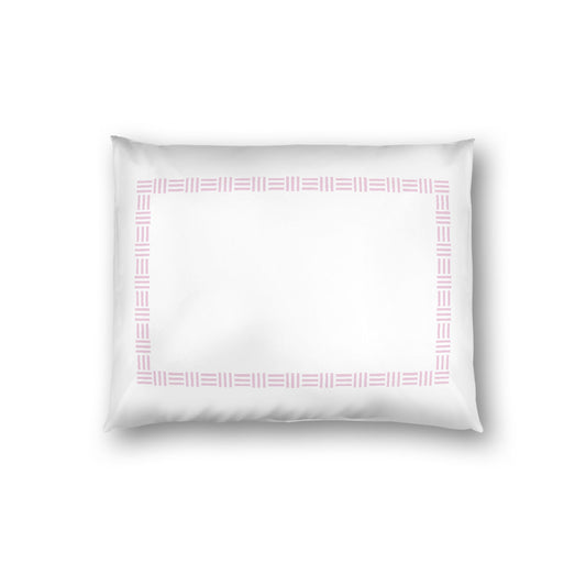 Off-white Cotton Sateen Pillow Sham, Pink Single Weave Motif Print, Classic Border, White Reverse Side, Standard - 20 x 26 inches
