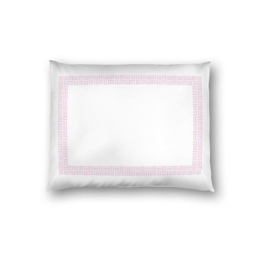 Off-white Cotton Sateen Pillow Sham, Pink Double Weave Motif Print, Classic Border, White Reverse Side, Standard - 20 x 26 inches