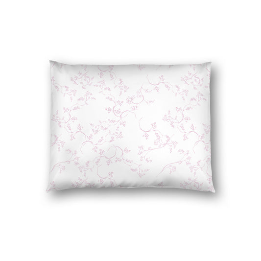 Off-white Cotton Sateen Pillow Sham, Pink Hand-painted Vine Print, White Reverse Side, Standard - 20 x 26 inches