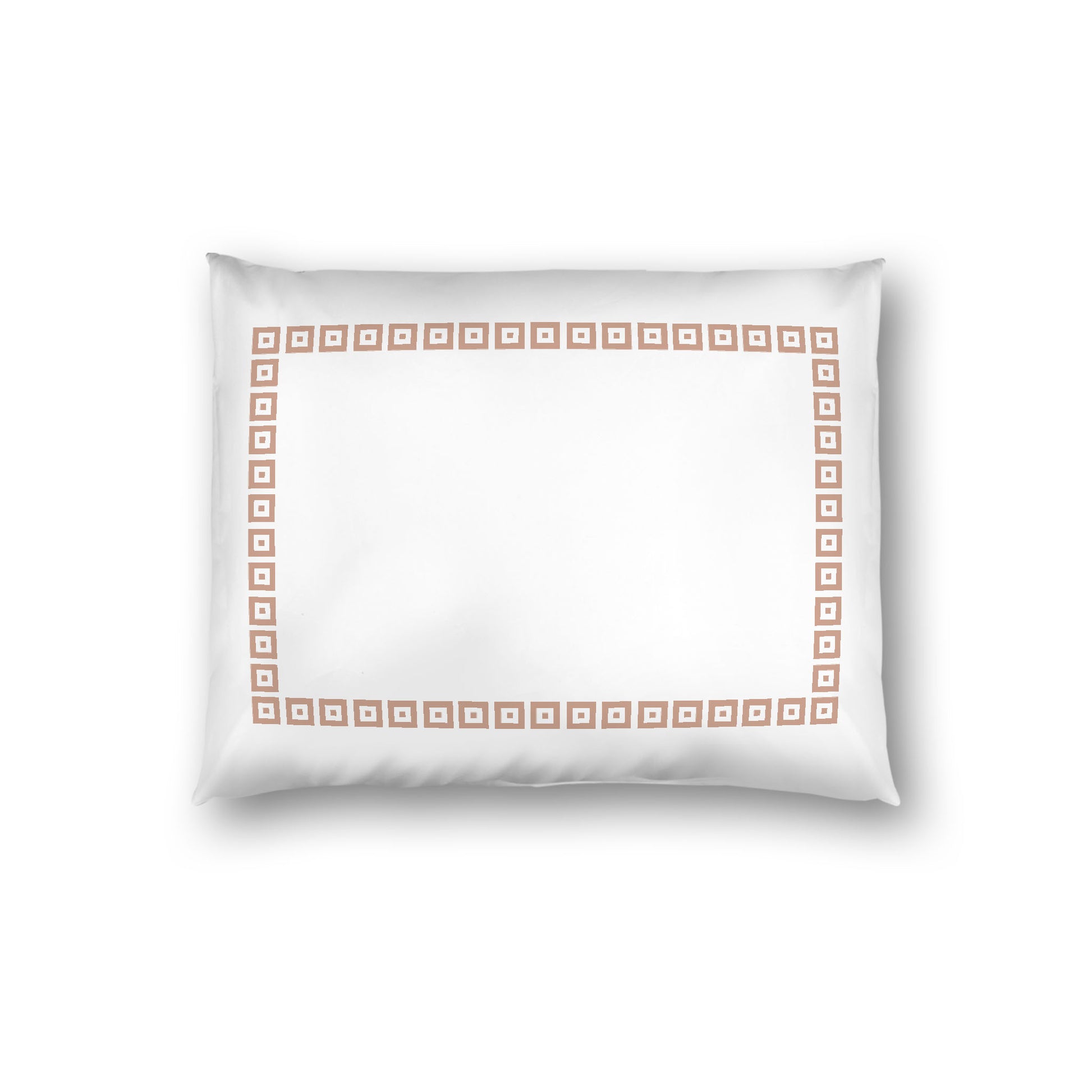 Off-white Cotton Sateen Pillow Sham, Salmon Repeating Square Motif Print, Classic Border, White Reverse Side, Standard - 20 x 26 inches