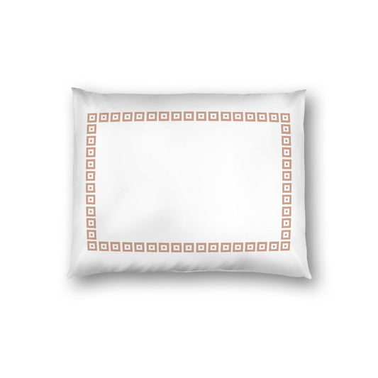 Off-white Cotton Sateen Pillow Sham, Salmon Repeating Square Motif Print, Classic Border, White Reverse Side, Standard - 20 x 26 inches