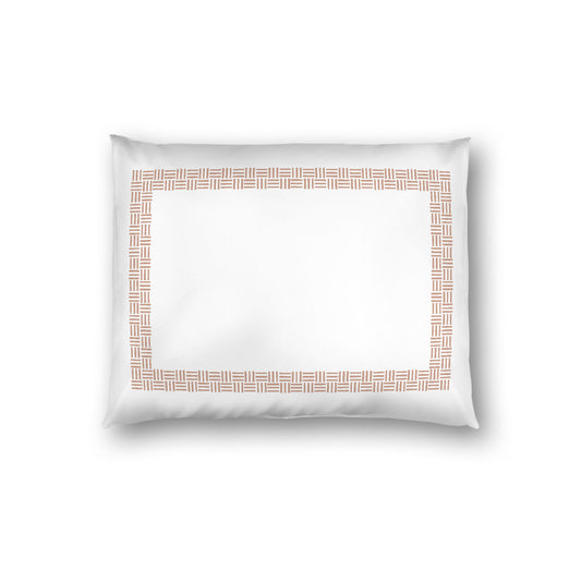 Off-white Cotton Sateen Pillow Sham, Salmon Double Weave Motif Print, Classic Border, White Reverse Side, Standard - 20 x 26 inches