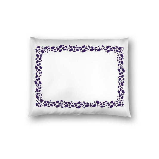 Off-white Cotton Sateen Pillow Sham, Purple Hand-painted Dab Motif Print, Classic Border, White Reverse Side, Standard - 20 x 26 inches