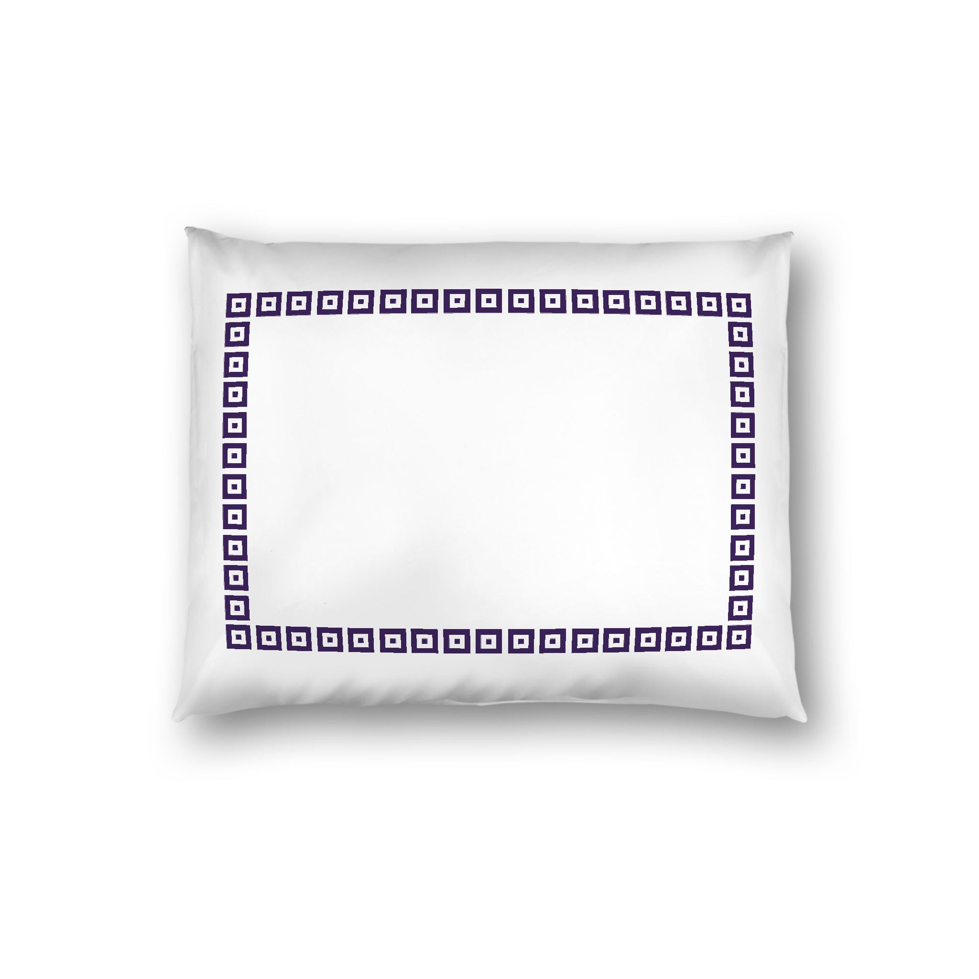 Off-white Cotton Sateen Pillow Sham, Purple Repeating Square Motif Print, Classic Border, White Reverse Side, Standard - 20 x 26 inches