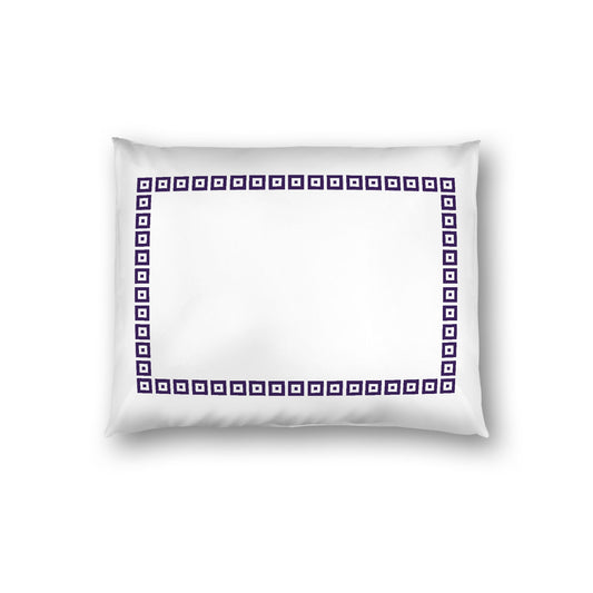 Off-white Cotton Sateen Pillow Sham, Purple Repeating Square Motif Print, Classic Border, White Reverse Side, Standard - 20 x 26 inches