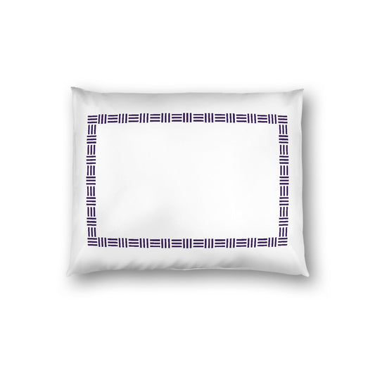 Off-white Cotton Sateen Pillow Sham, Purple Single Weave Motif Print, Classic Border, White Reverse Side, Standard - 20 x 26 inches