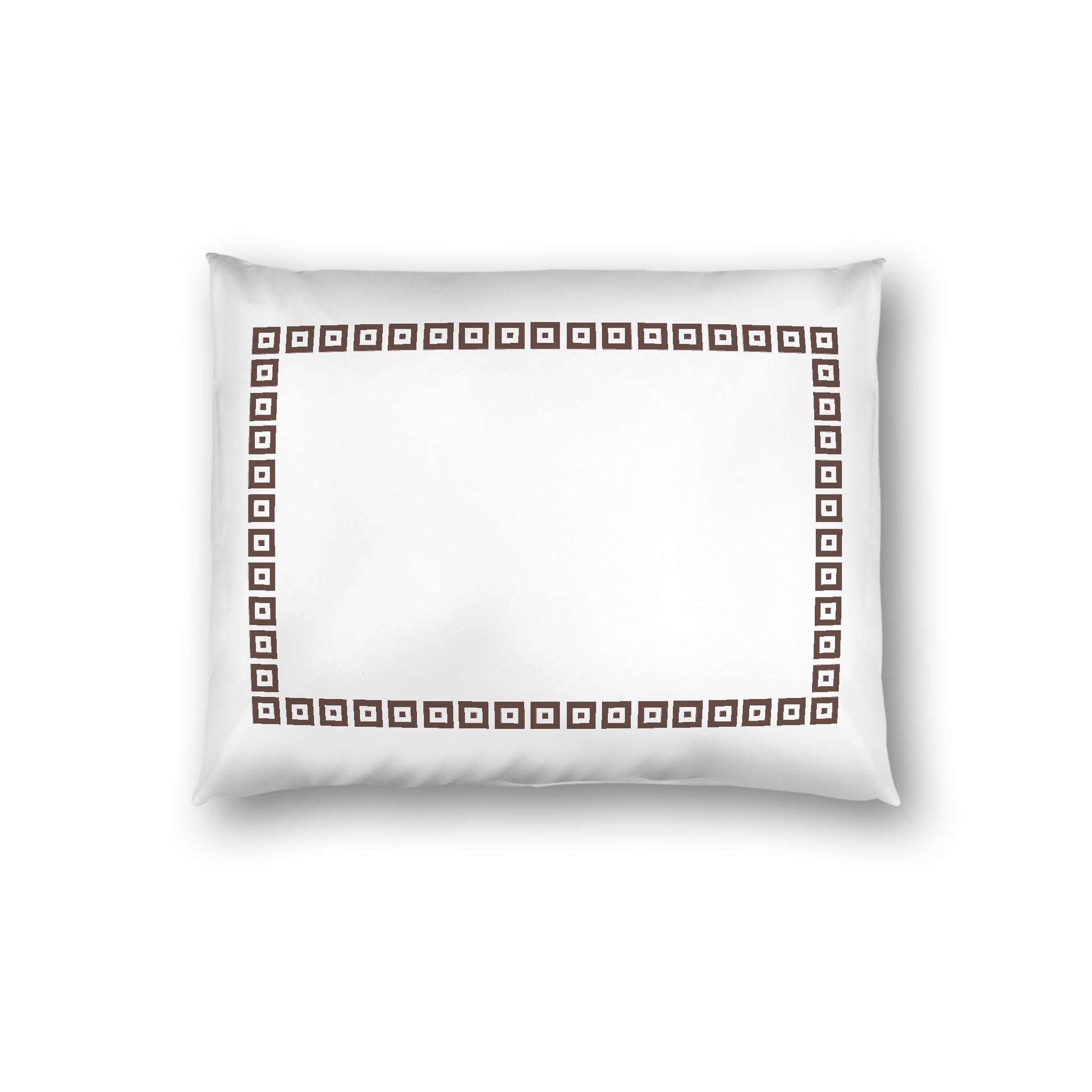 Off-white Cotton Sateen Pillow Sham, Brown Repeating Square Motif Print, Classic Border, White Reverse Side, Standard - 20 x 26 inches