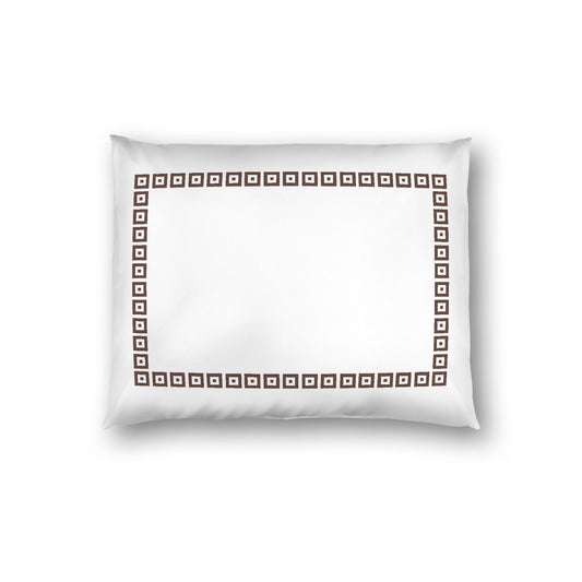 Off-white Cotton Sateen Pillow Sham, Brown Repeating Square Motif Print, Classic Border, White Reverse Side, Standard - 20 x 26 inches