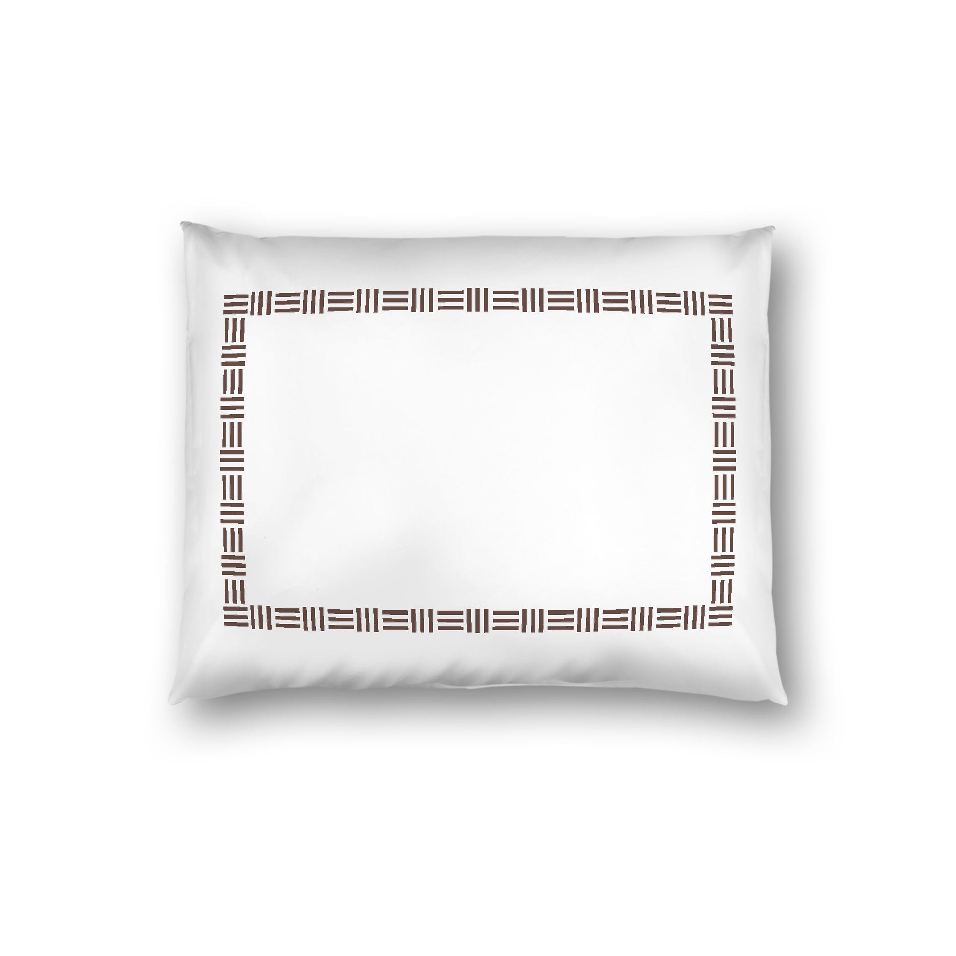 Off-white Cotton Sateen Pillow Sham, Brown Single Weave Motif Print, Classic Border, White Reverse Side, Standard - 20 x 26 inches