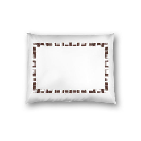 Off-white Cotton Sateen Pillow Sham, Brown Single Weave Motif Print, Classic Border, White Reverse Side, Standard - 20 x 26 inches