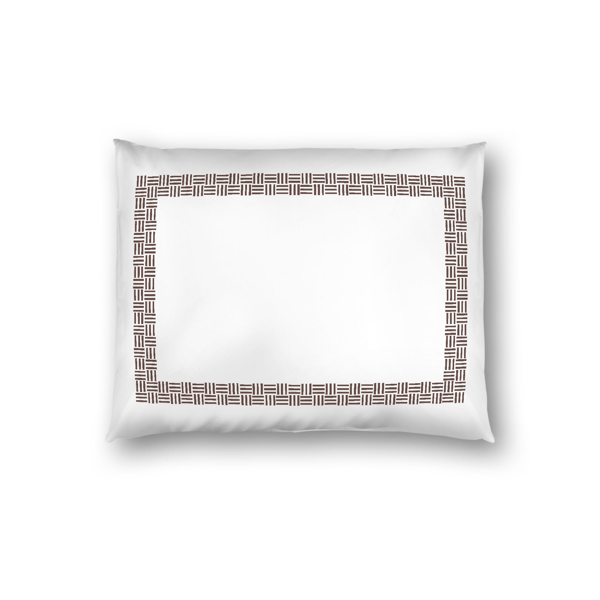 Off-white Cotton Sateen Pillow Sham, Brown Double Weave Motif Print, Classic Border, White Reverse Side, Standard - 20 x 26 inches