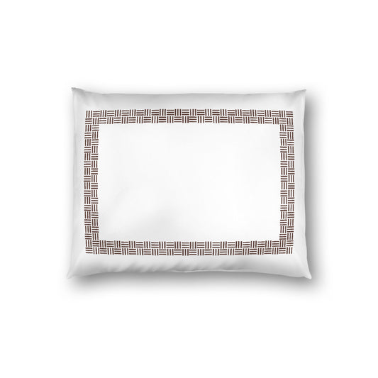 Off-white Cotton Sateen Pillow Sham, Brown Double Weave Motif Print, Classic Border, White Reverse Side, Standard - 20 x 26 inches
