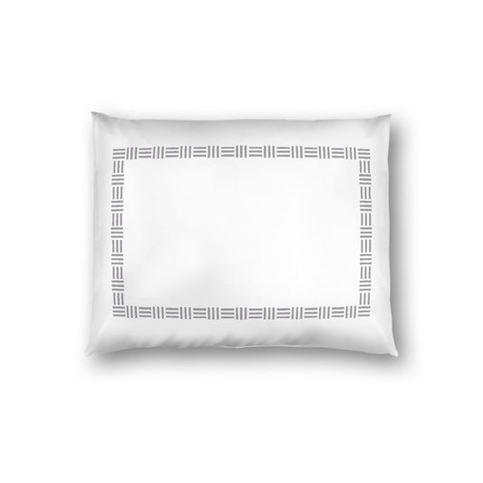Off-white Cotton Sateen Pillow Sham, Grey Single Weave Motif Print, Classic Border, White Reverse Side, Standard - 20 x 26 inches