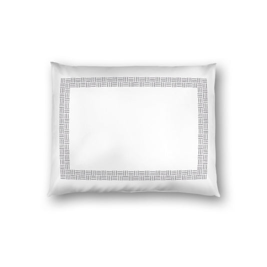 Off-white Cotton Sateen Pillow Sham, Grey Double Weave Motif Print, Classic Border, White Reverse Side, Standard - 20 x 26 inches