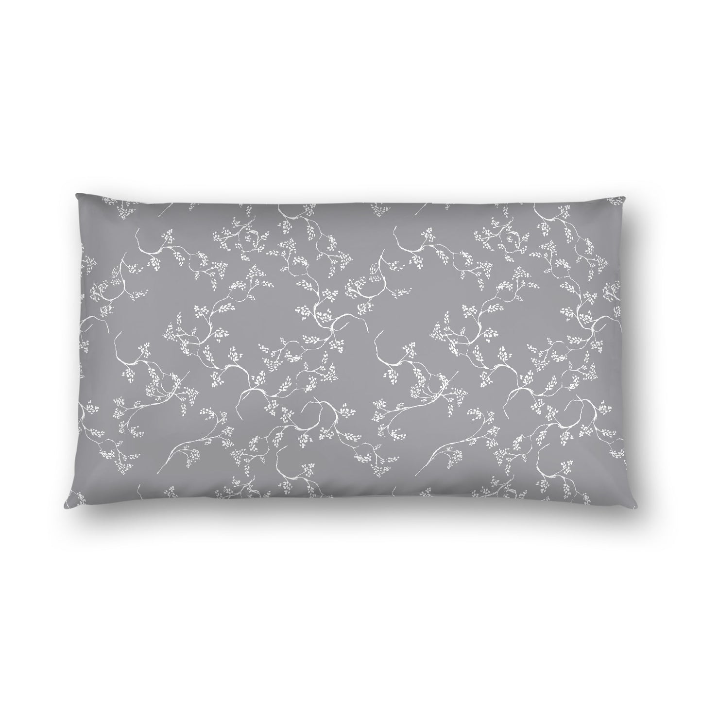 Grey Cotton Sateen Pillow Sham, Off-white Vine Print on Front, White Reverse Side, King - 20 x 36 inches