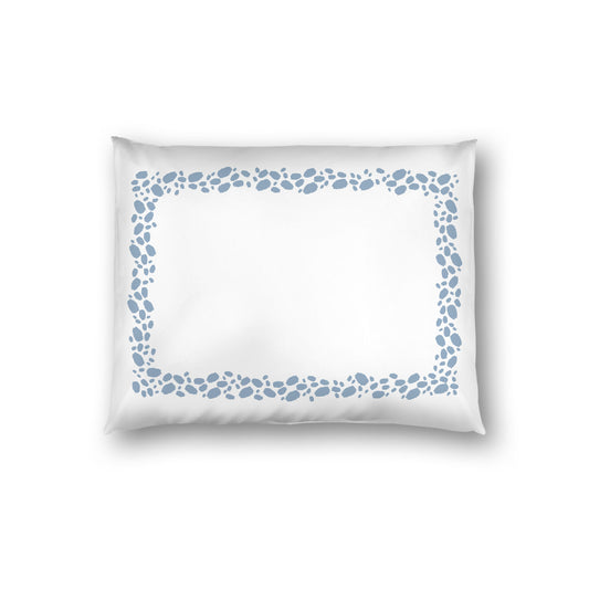 Off-white Cotton Sateen Pillow Sham, Blue Hand-painted Dab Motif Print, Classic Border, White Reverse Side, Standard - 20 x 26 inches