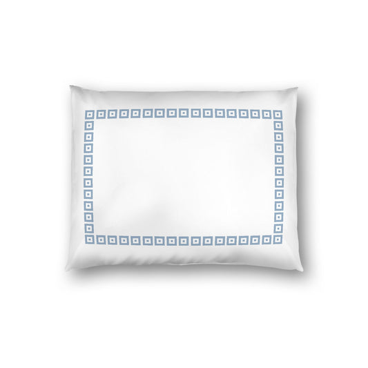 Off-white Cotton Sateen Pillow Sham, Blue Repeating Square Motif Print, Classic Border, White Reverse Side, Standard - 20 x 26 inches