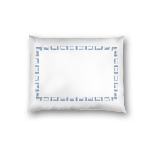 Off-white Cotton Sateen Pillow Sham, Blue Single Weave Motif Print, Classic Border, White Reverse Side, Standard - 20 x 26 inches