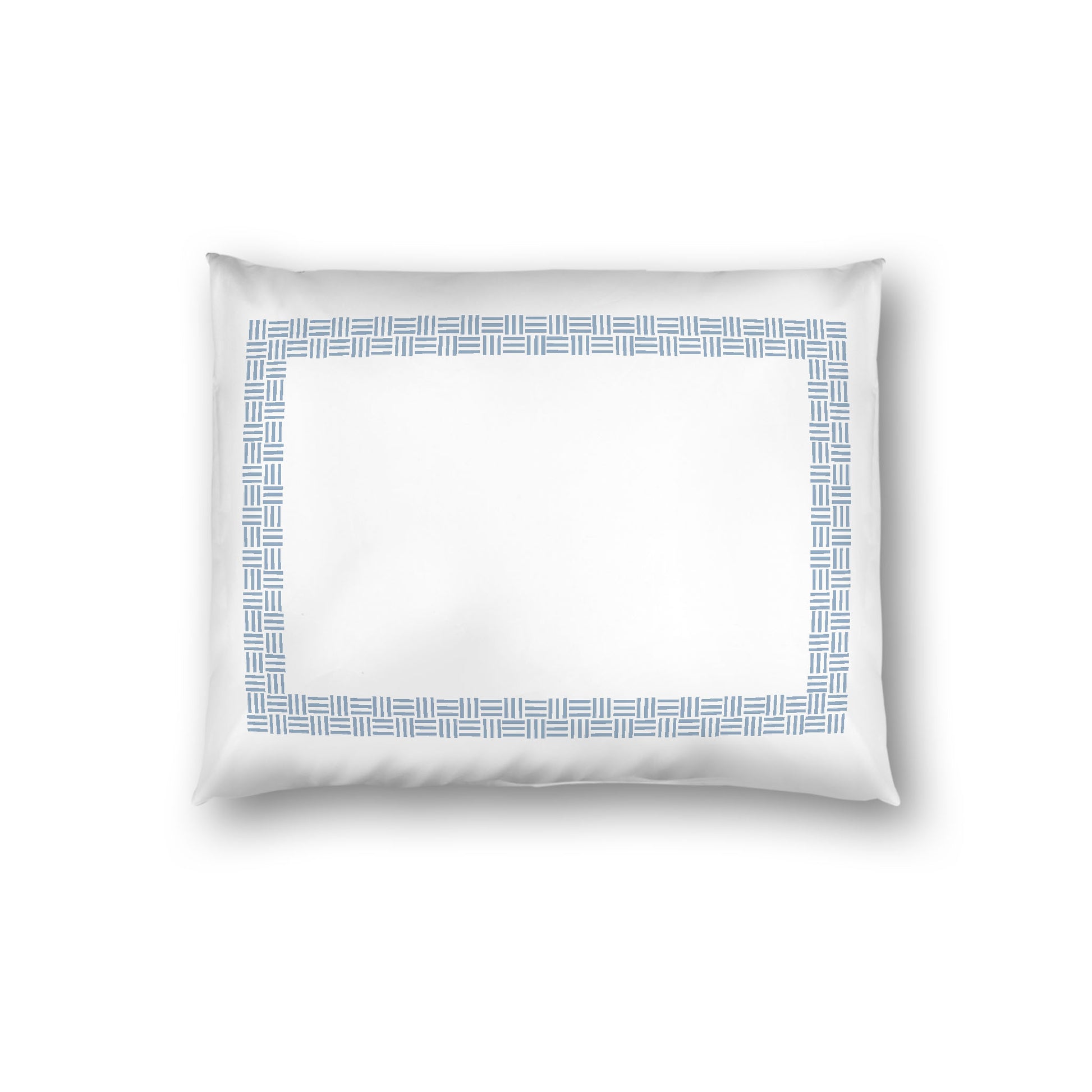 Off-white Cotton Sateen Pillow Sham, Blue Double Weave Motif Print, Classic Border, White Reverse Side, Standard - 20 x 26 inches