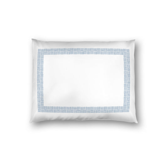 Off-white Cotton Sateen Pillow Sham, Blue Double Weave Motif Print, Classic Border, White Reverse Side, Standard - 20 x 26 inches