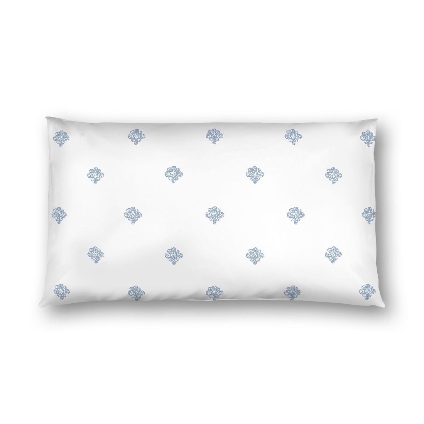 Off-white Cotton Sateen Pillow Sham, Blue Hand-painted Swizzle Motif Print, White Reverse Side, King - 20 x 36 inches