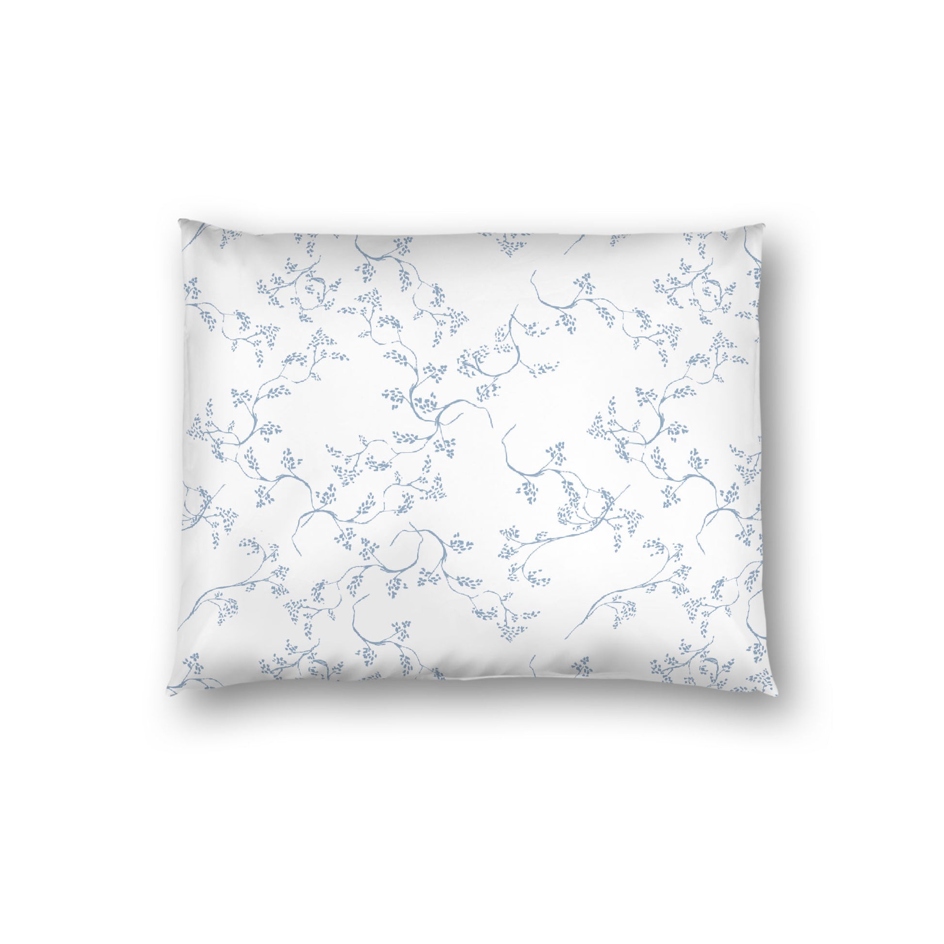 Off-white Cotton Sateen Pillow Sham, Blue Hand-painted Vine Print, White Reverse Side, Standard - 20 x 26 inches