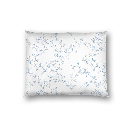 Off-white Cotton Sateen Pillow Sham, Blue Hand-painted Vine Print, White Reverse Side, Standard - 20 x 26 inches