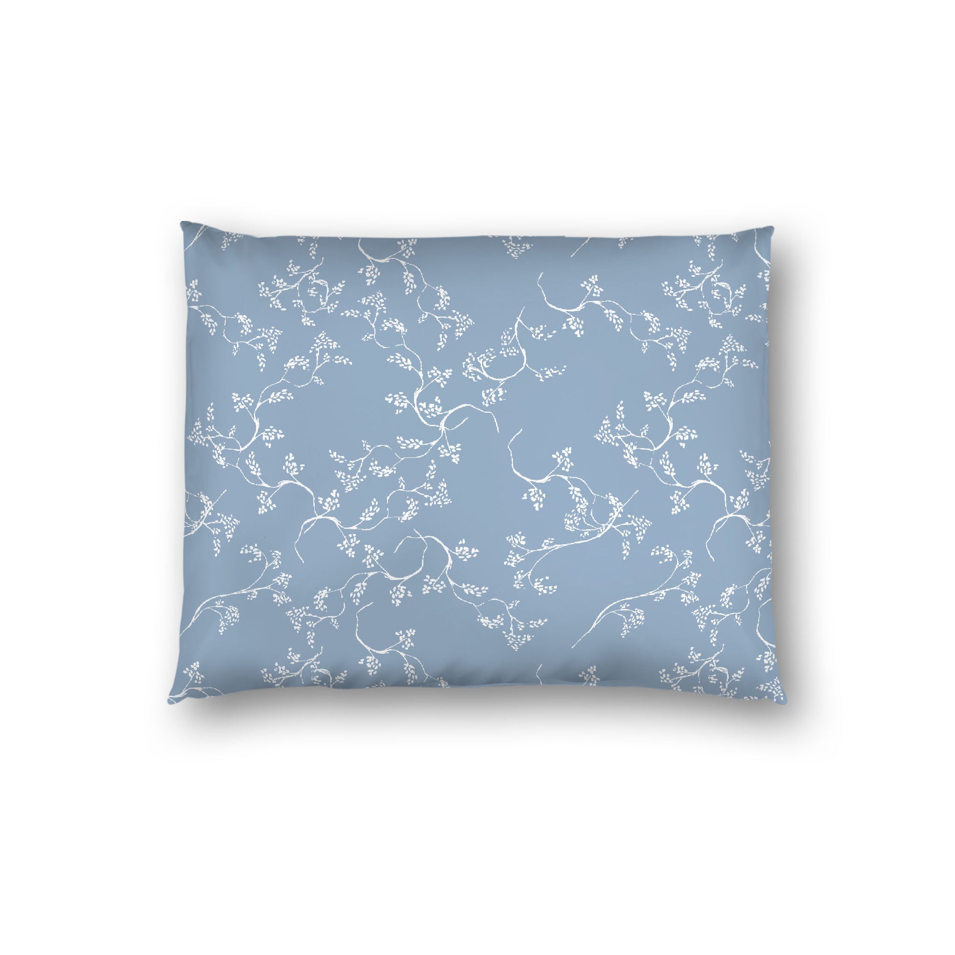 Blue Cotton Sateen Pillow Sham, Off-white Vine Print on Front, White Reverse Side, Standard - 20 x 26 inches