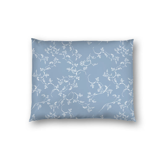 Blue Cotton Sateen Pillow Sham, Off-white Vine Print on Front, White Reverse Side, Standard - 20 x 26 inches