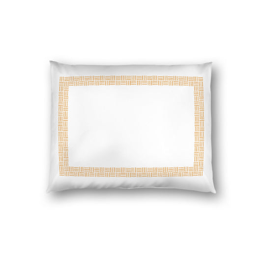 Off-white Cotton Sateen Pillow Sham, Pale Orange Double Weave Motif Print, Classic Border, White Reverse Side, Standard - 20 x 26 inches