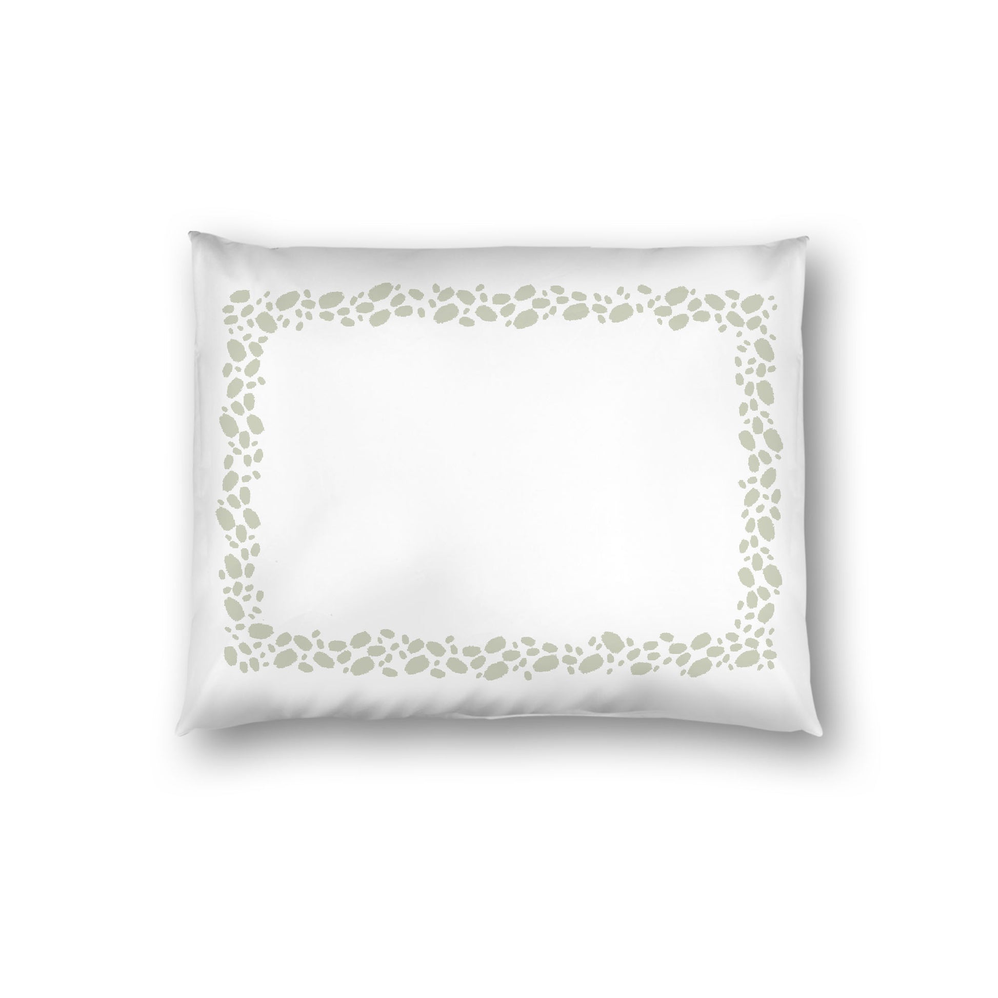 Off-white Cotton Sateen Pillow Sham, Pale Green Hand-painted Dab Motif Print, Classic Border, White Reverse Side, Standard - 20 x 26 inches